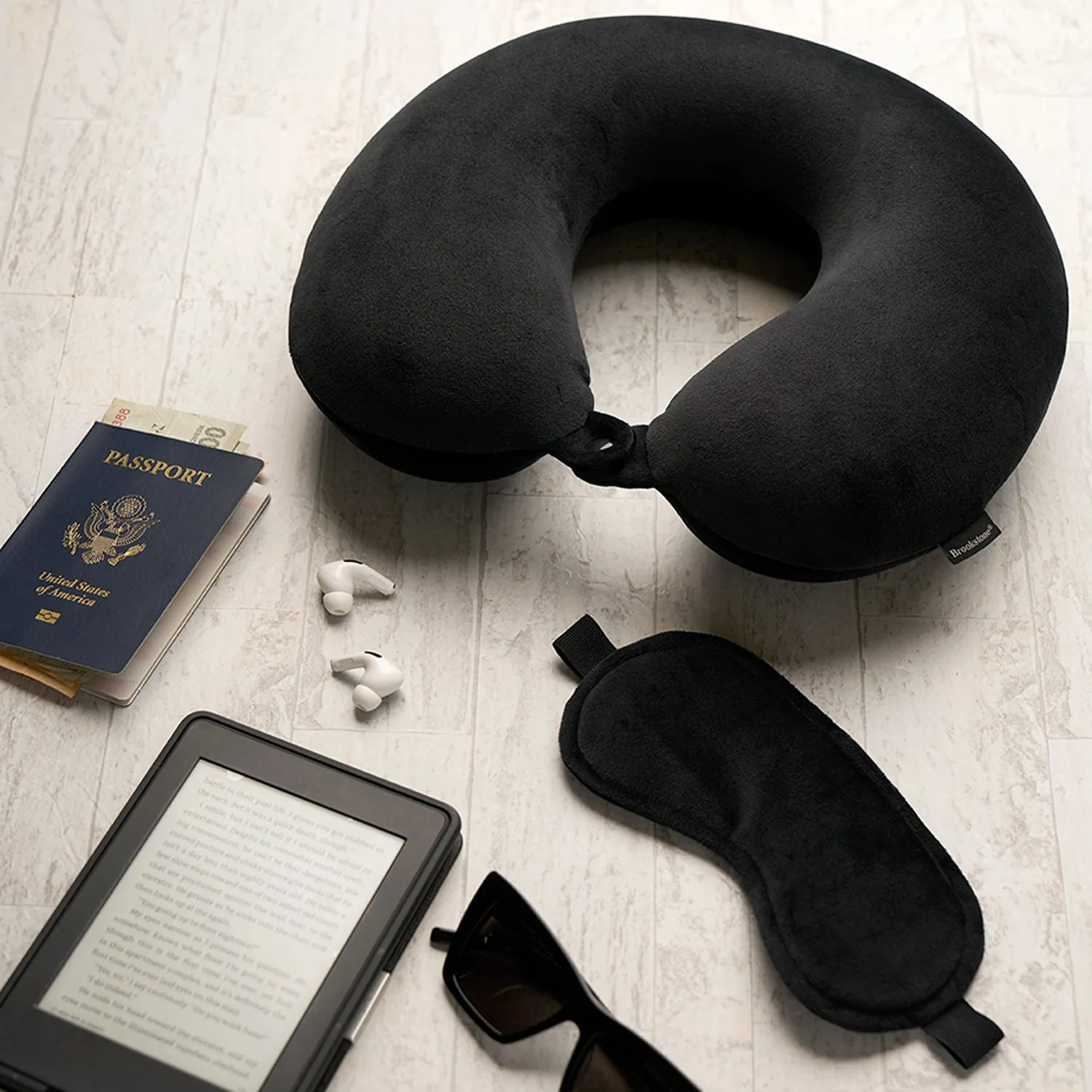 Brookstone Memory Foam Travel Neck Pillow and Eye Mask Set