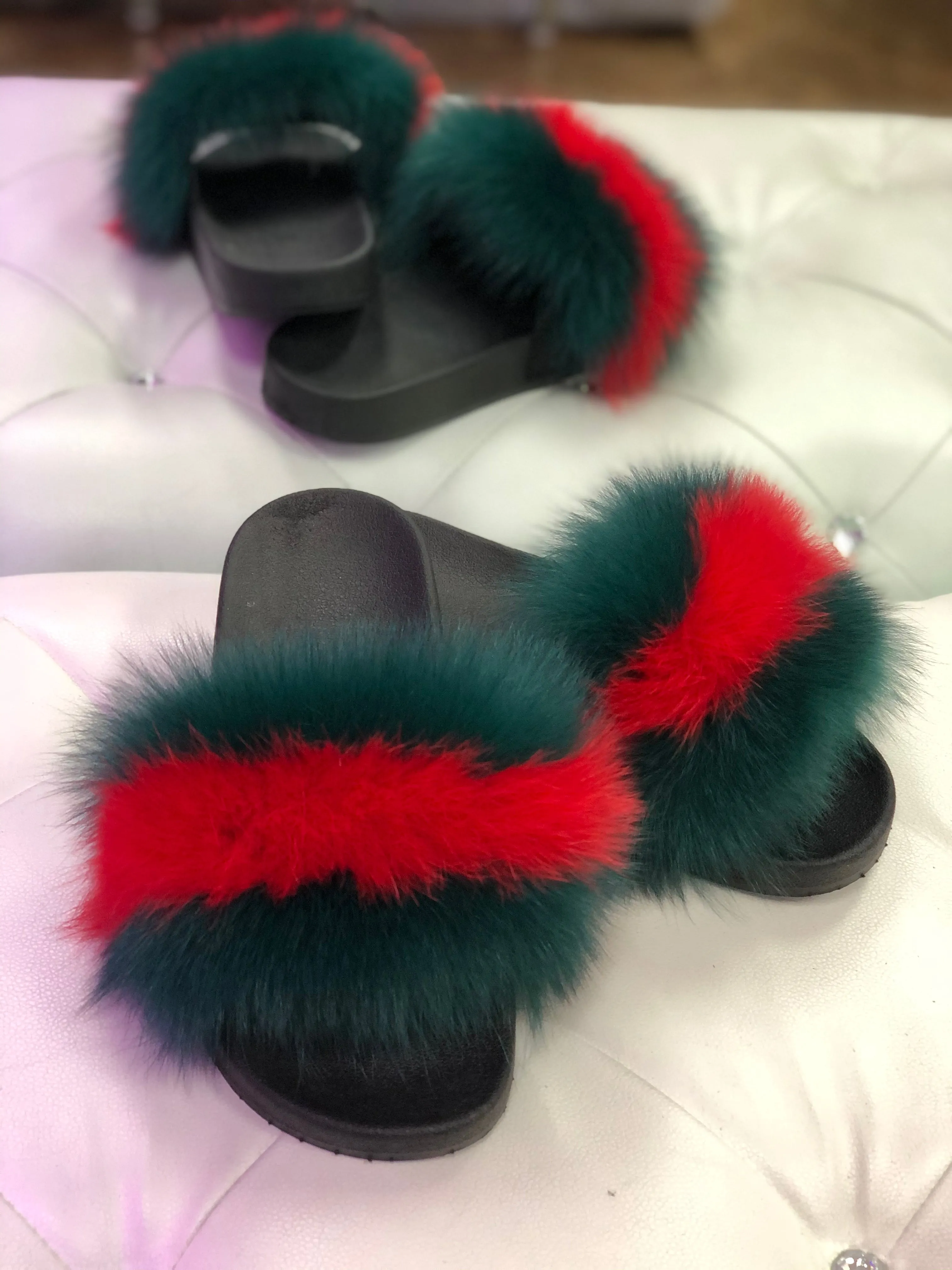 Dark Green and Red Real Polar Fox Fur Slippers