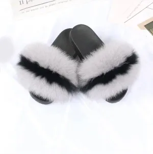 Gray and Black Real Polar Fox Fur Slippers