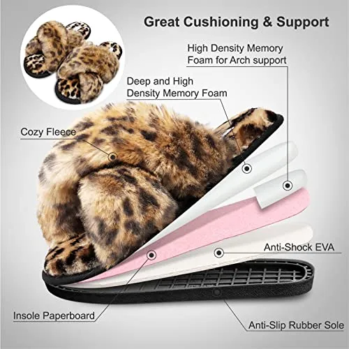 JIASUQI Women's Cross Band Fuzzy House Slippers Soft Plush Furry Faux Fur House Indoor Outdoor Slippers for Women Leopard 8-9