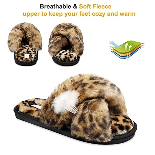 JIASUQI Women's Cross Band Fuzzy House Slippers Soft Plush Furry Faux Fur House Indoor Outdoor Slippers for Women Leopard 8-9