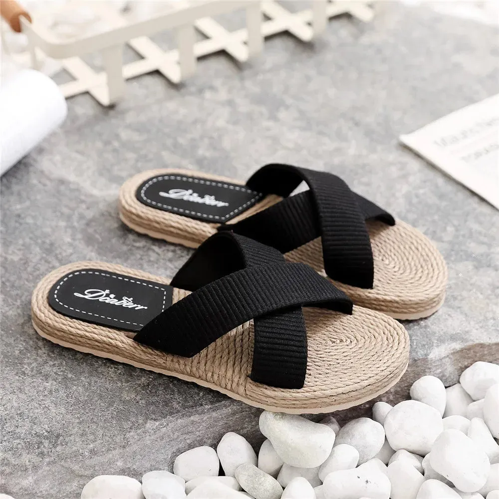 Ladies New Slippers Summer Cross Drag Fashion Hemp Rope Outer Wear Slippers Casual Sandals and Slippers