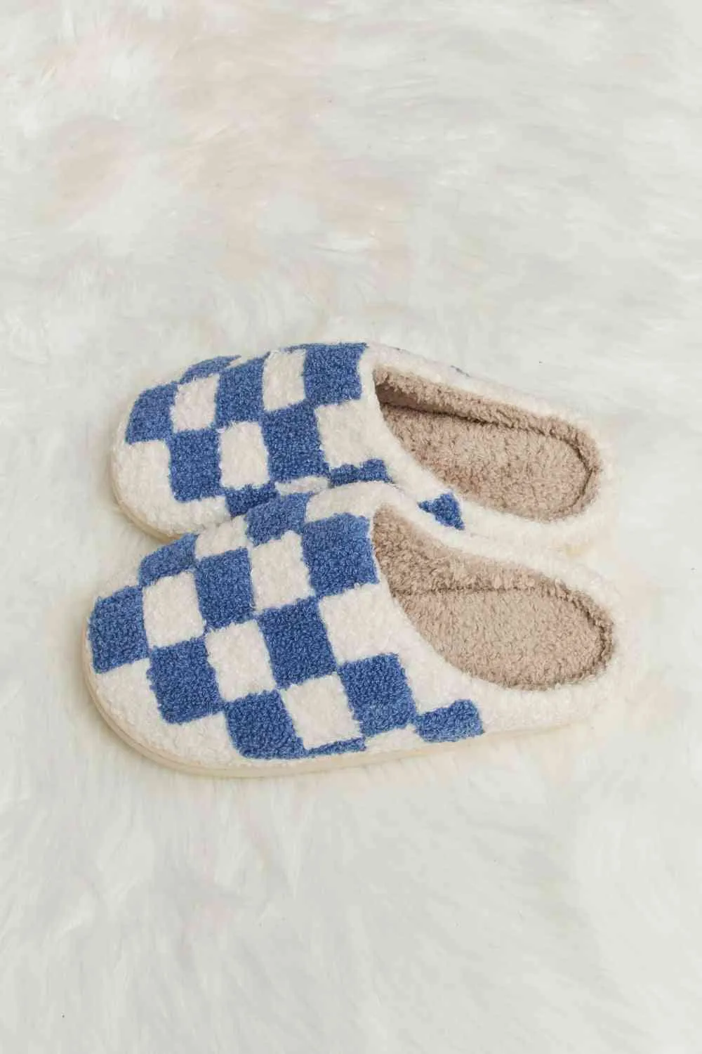 Melody Checkered Print Plush Slide Slippers - 4 Colors