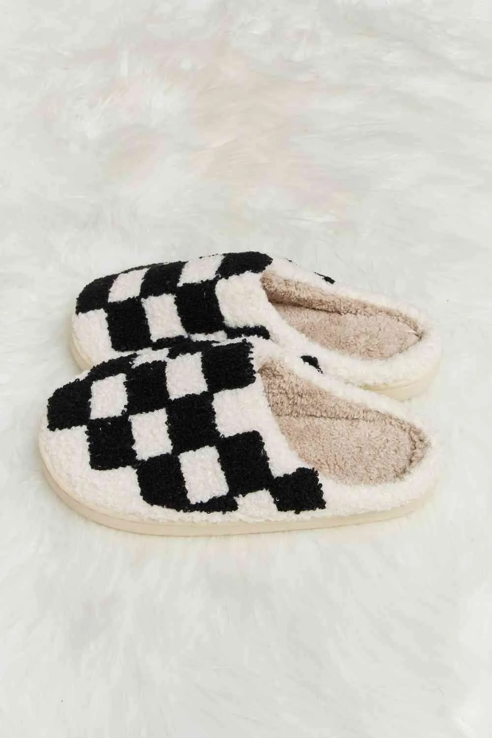 Melody Checkered Print Plush Slide Slippers - 4 Colors