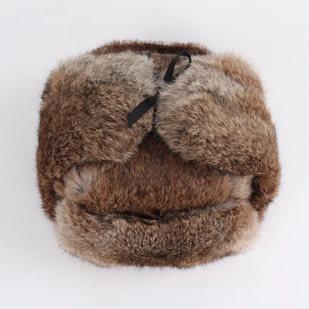 Rabbit Fur Trapper Hats For Men Thick Male Winter Real Rabbit Fur Hat Full Pelt Outdoor Bomber Real Fur Cap