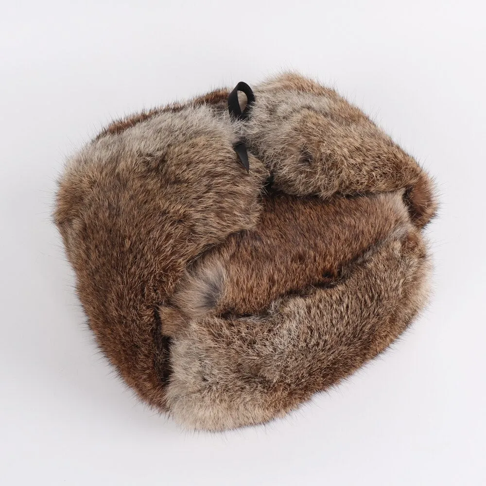 Rabbit Fur Trapper Hats For Men Thick Male Winter Real Rabbit Fur Hat Full Pelt Outdoor Bomber Real Fur Cap