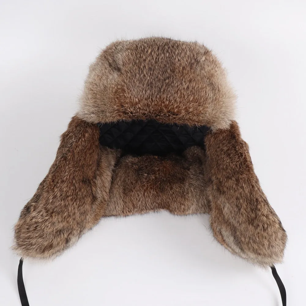 Rabbit Fur Trapper Hats For Men Thick Male Winter Real Rabbit Fur Hat Full Pelt Outdoor Bomber Real Fur Cap