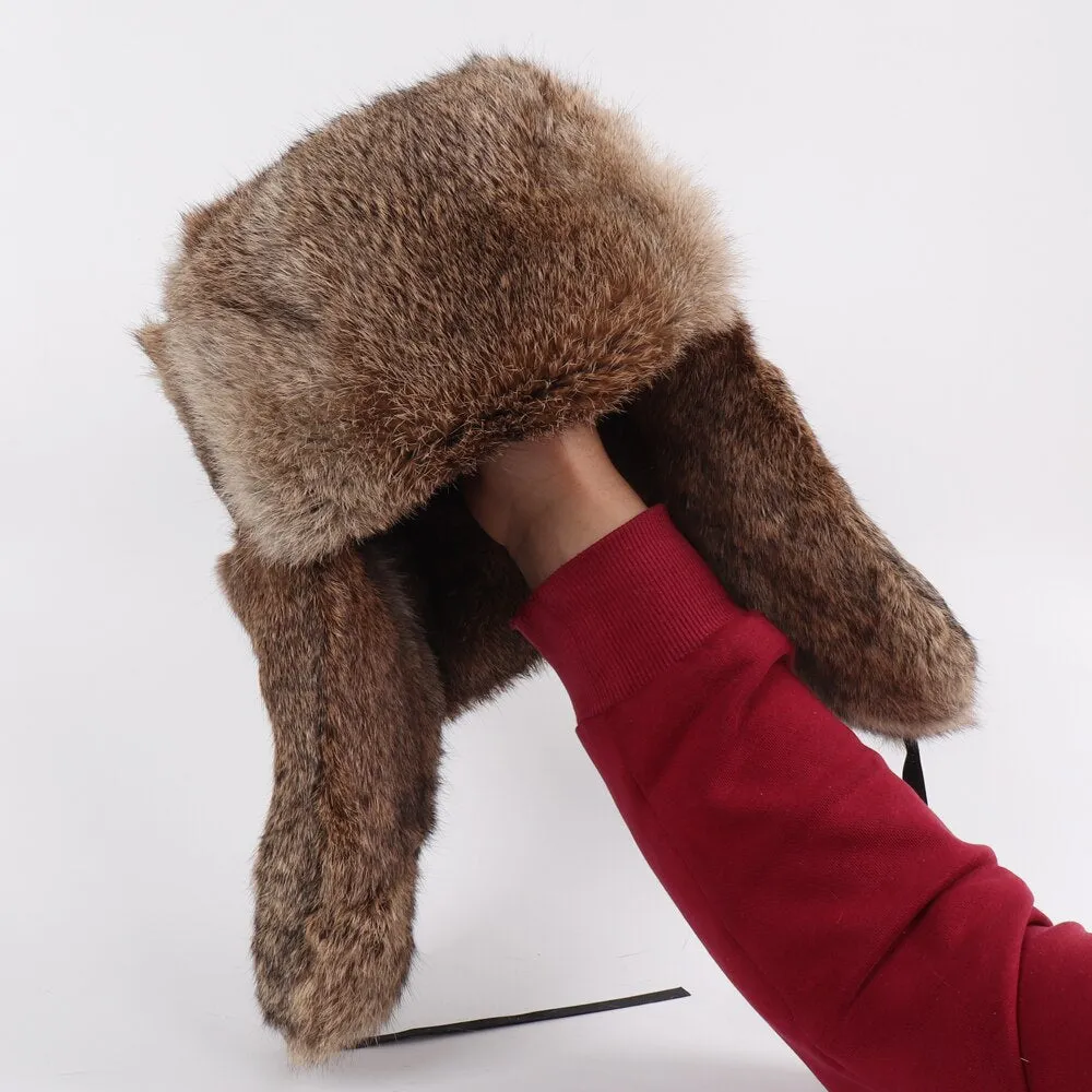 Rabbit Fur Trapper Hats For Men Thick Male Winter Real Rabbit Fur Hat Full Pelt Outdoor Bomber Real Fur Cap