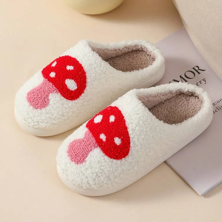 Soft Plush Mushroom Heart Rainbow Slippers