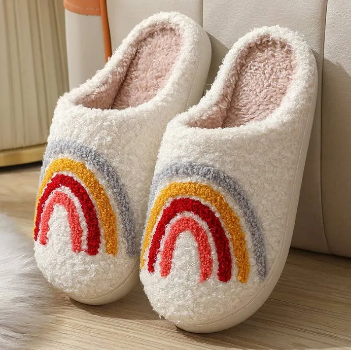 Soft Plush Mushroom Heart Rainbow Slippers