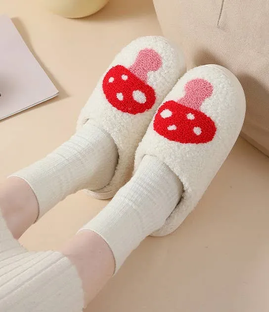 Soft Plush Mushroom Heart Rainbow Slippers