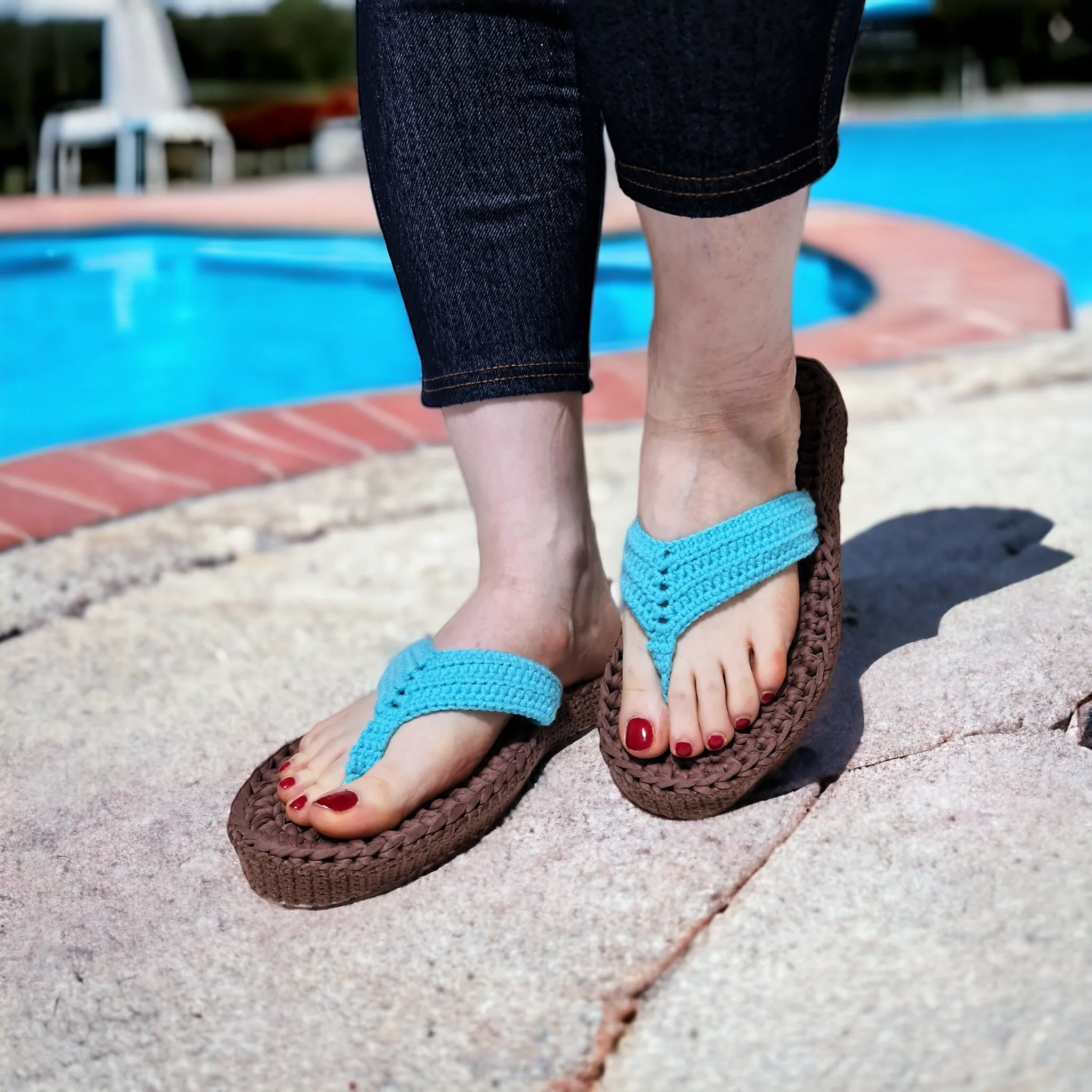 Turquoise Sandals Slip On Beach Slippers - Custom Crochet Handmade Flip Flops Pool Slipper