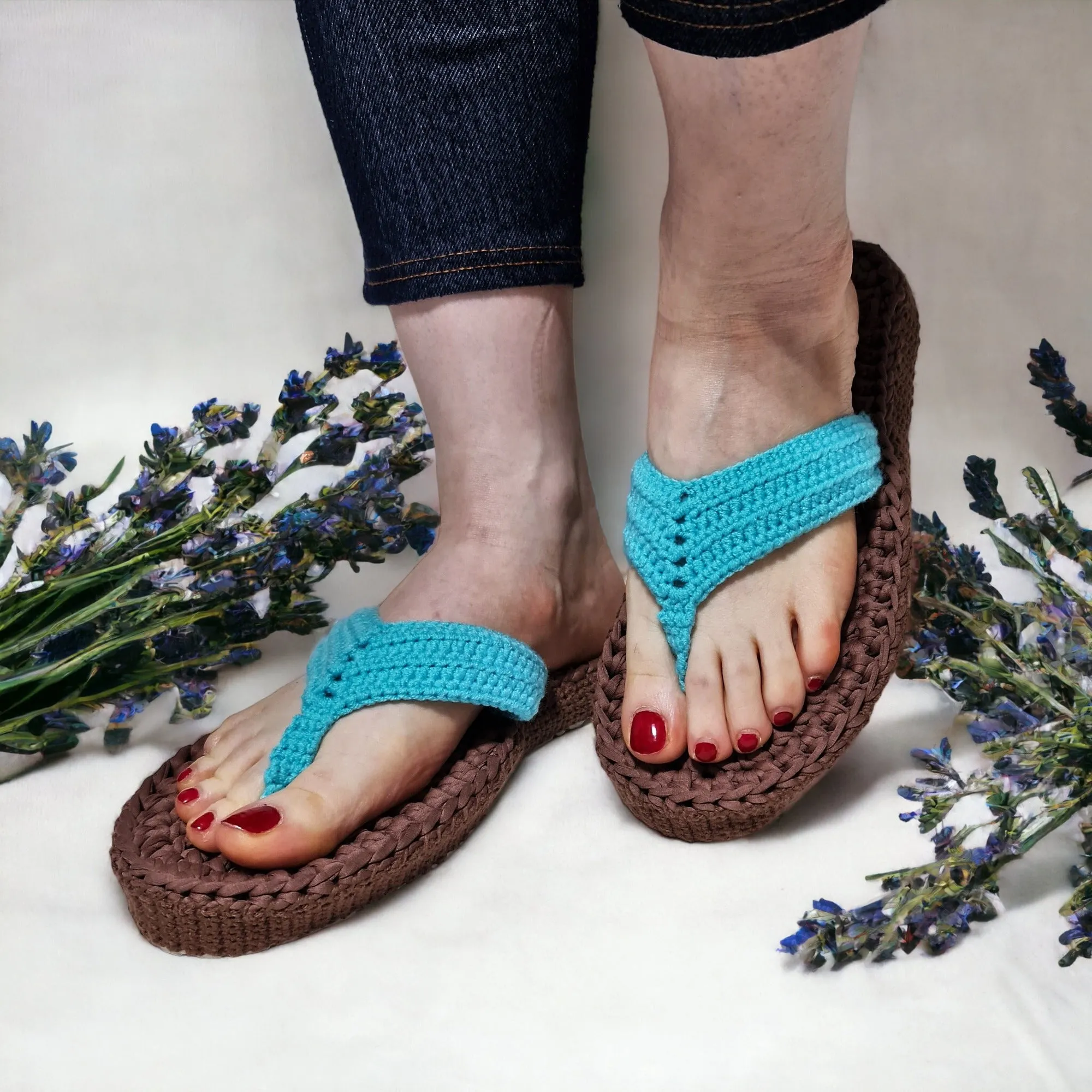 Turquoise Sandals Slip On Beach Slippers - Custom Crochet Handmade Flip Flops Pool Slipper