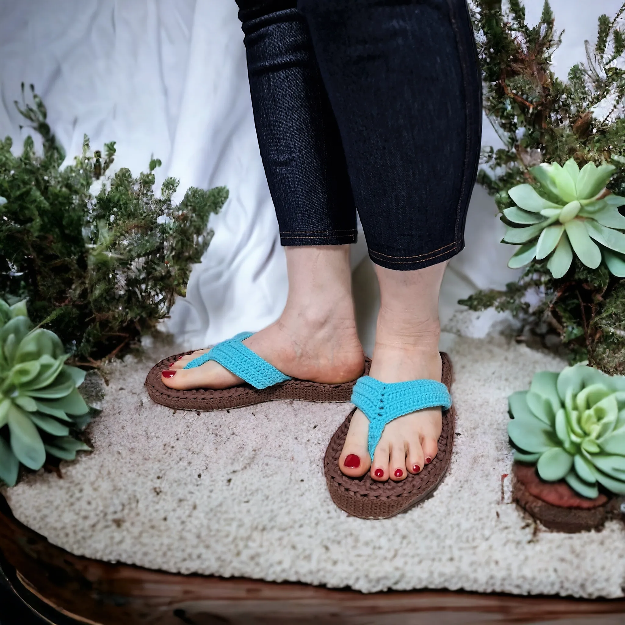 Turquoise Sandals Slip On Beach Slippers - Custom Crochet Handmade Flip Flops Pool Slipper