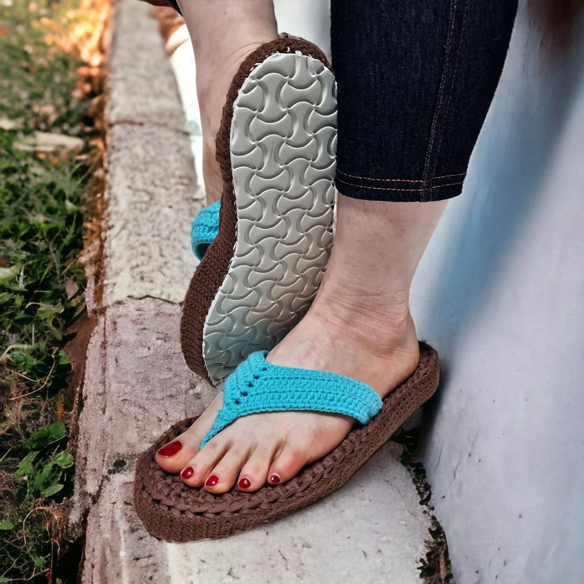 Turquoise Sandals Slip On Beach Slippers - Custom Crochet Handmade Flip Flops Pool Slipper