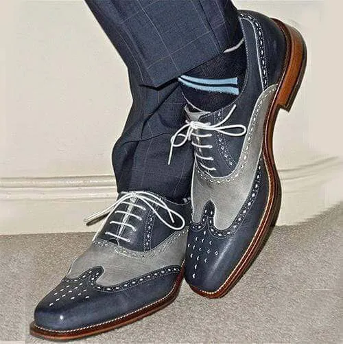 Two tone wing tip brogue Men Blue gray dress oxfords shoes