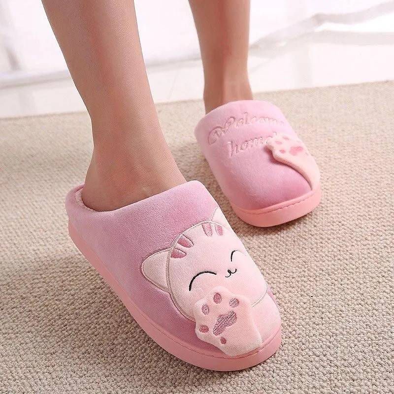 Women Winter Warm Home Soft Plush Cat Slip On Slippers