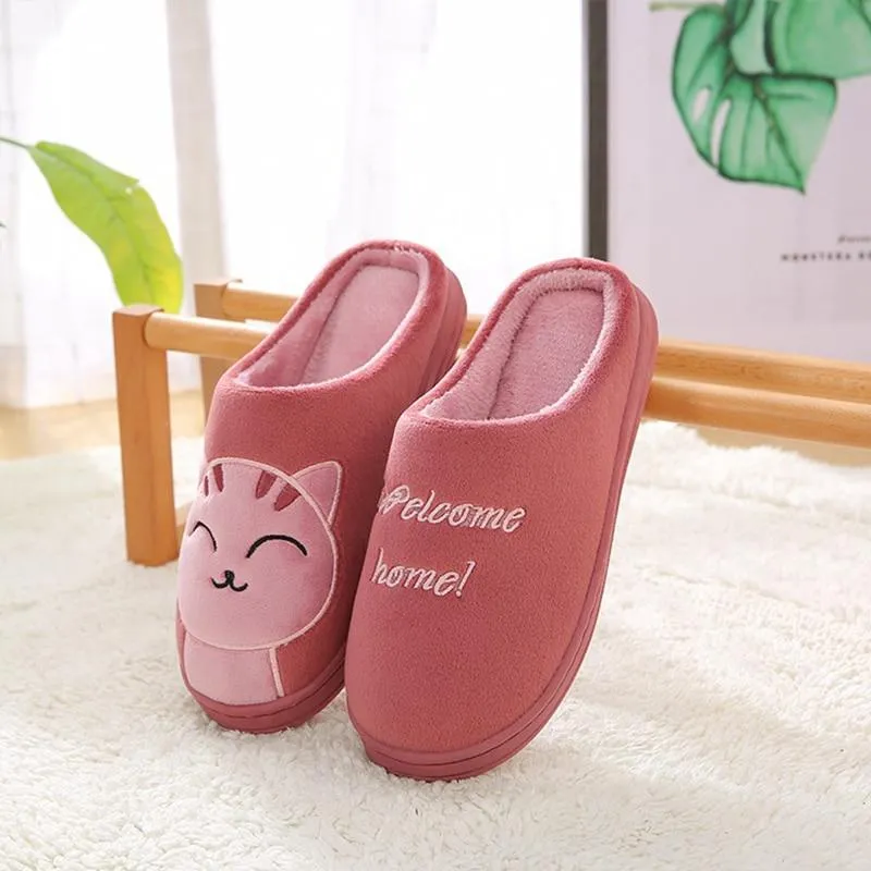 Women Winter Warm Home Soft Plush Cat Slip On Slippers