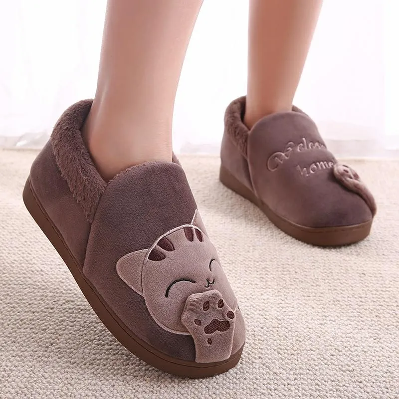 Women Winter Warm Home Soft Plush Cat Slip On Slippers