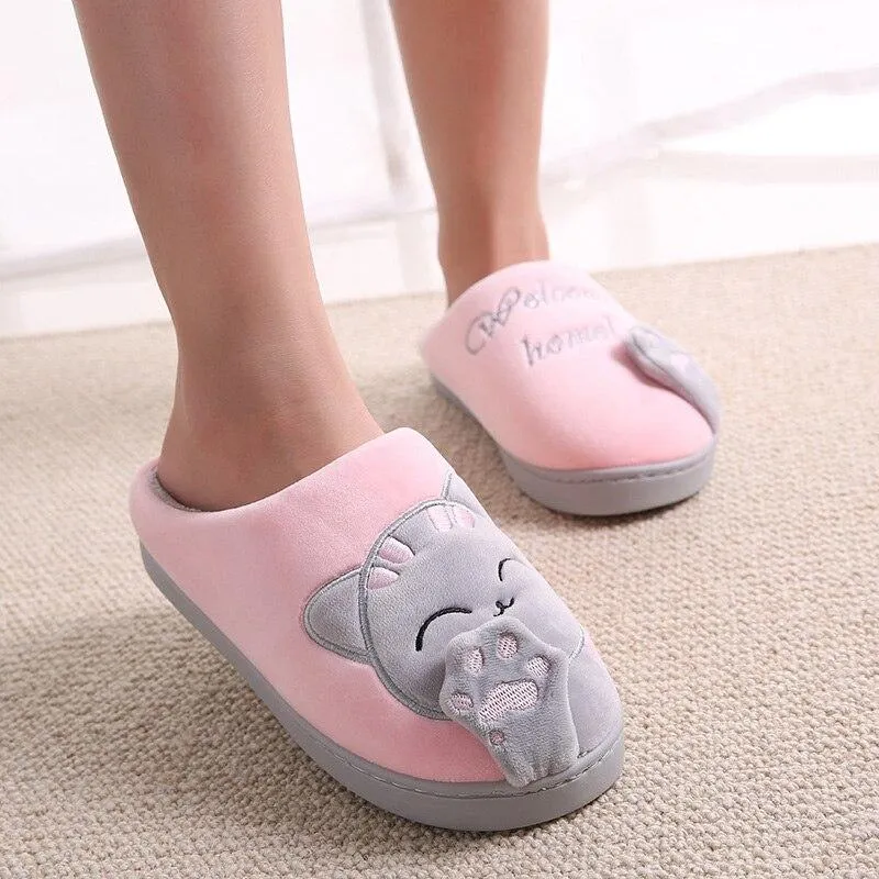 Women Winter Warm Home Soft Plush Cat Slip On Slippers