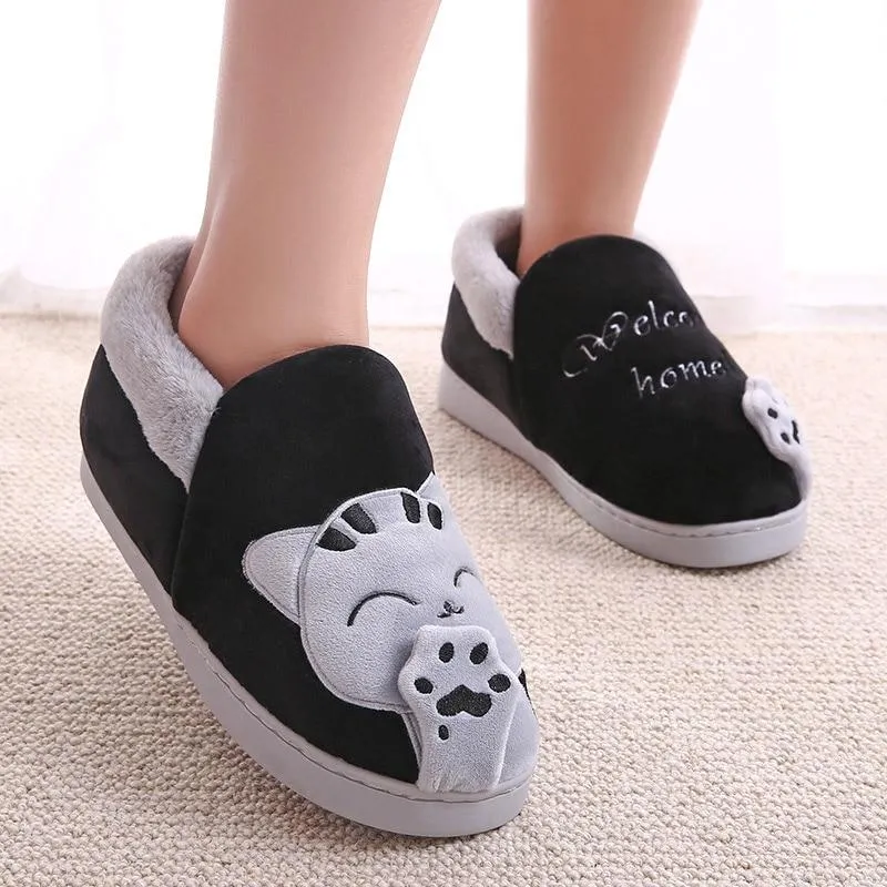 Women Winter Warm Home Soft Plush Cat Slip On Slippers