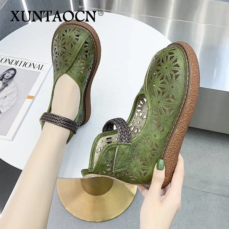 xiangtuibao  Summer Hollow Breathable Sandals Women's Shoes Retro Art Casual Comfortable Thick-soled Big Head Doll Sandals zapatillas