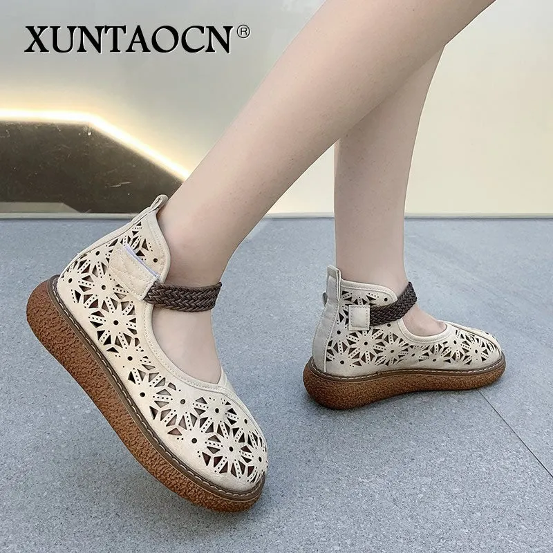 xiangtuibao  Summer Hollow Breathable Sandals Women's Shoes Retro Art Casual Comfortable Thick-soled Big Head Doll Sandals zapatillas