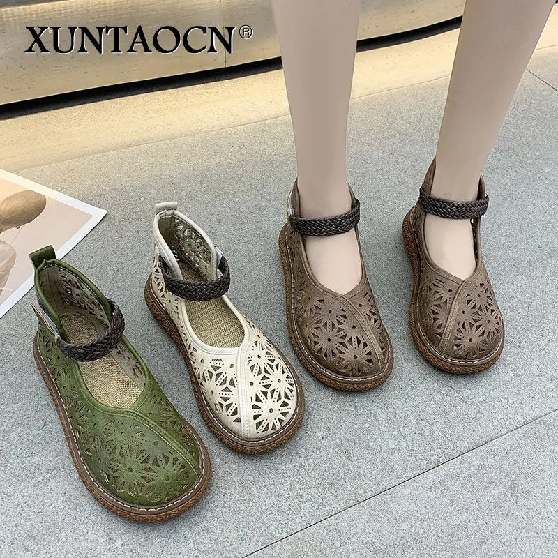 xiangtuibao  Summer Hollow Breathable Sandals Women's Shoes Retro Art Casual Comfortable Thick-soled Big Head Doll Sandals zapatillas