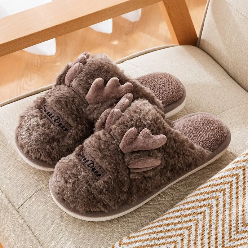 Yellow Cute Deer Women's Fur Slippers Indoor Room Plush Slippers Couple Warm Fleece Women Soft Home Slippers zapatillas invierno